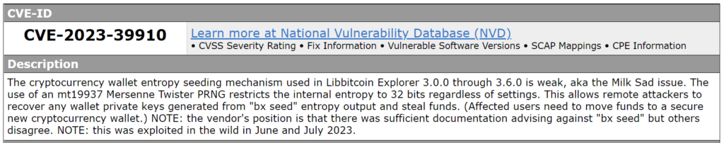 Milk Sad vulnerability in the Libbitcoin Explorer 3.x library, how the theft of $900,000 from Bitcoin Wallet (BTC) users was carried out